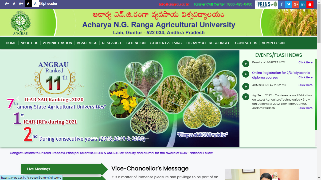 Acharya NG Ranga Agricultural University Admission, Courses, Fees, Ranking and Contact Details.