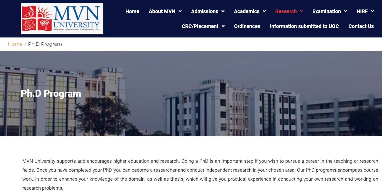 MVN University PhD Admission, Eligibility, Entrance Exam and Contact Information